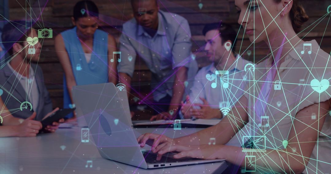 Connected Business Professionals Collaborating with Digital Network Overlay