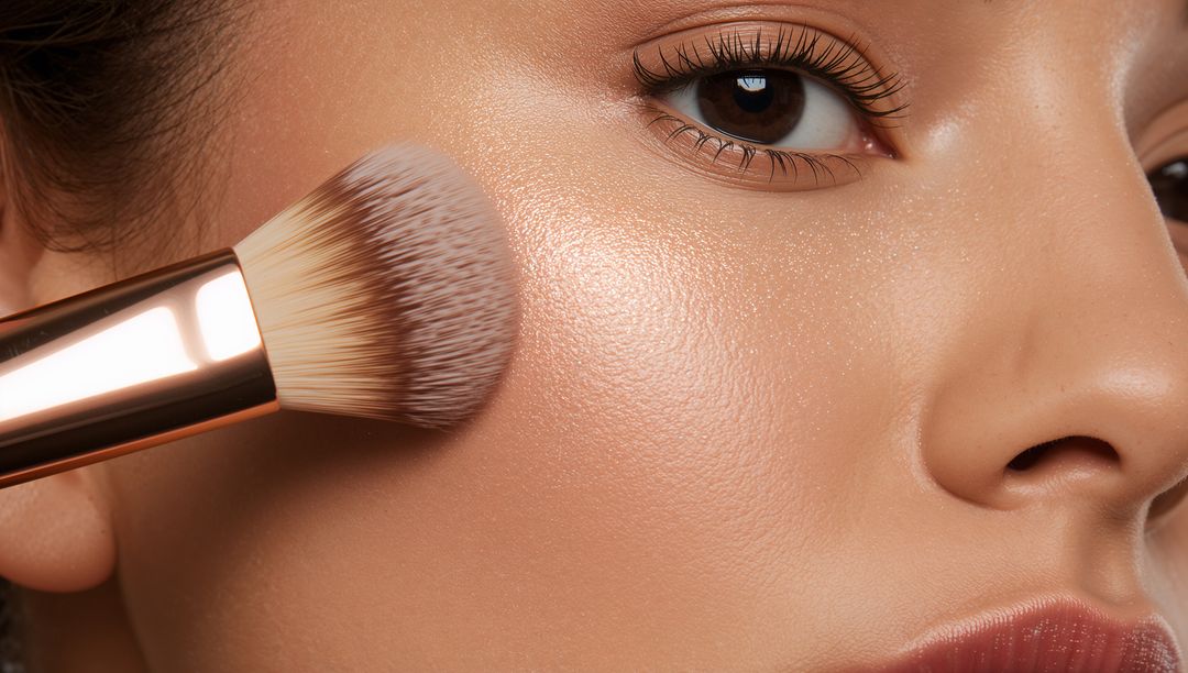Flawless Dewy Skin Highlighted with Makeup Brush Close-up