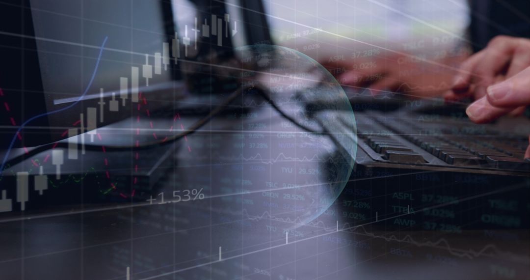 Businessman's Hands Typing with Financial Data Overlay