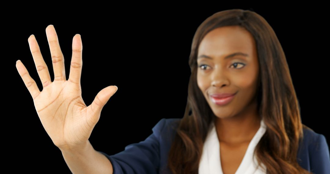 Businesswoman Interacting with Virtual Interface Smiling