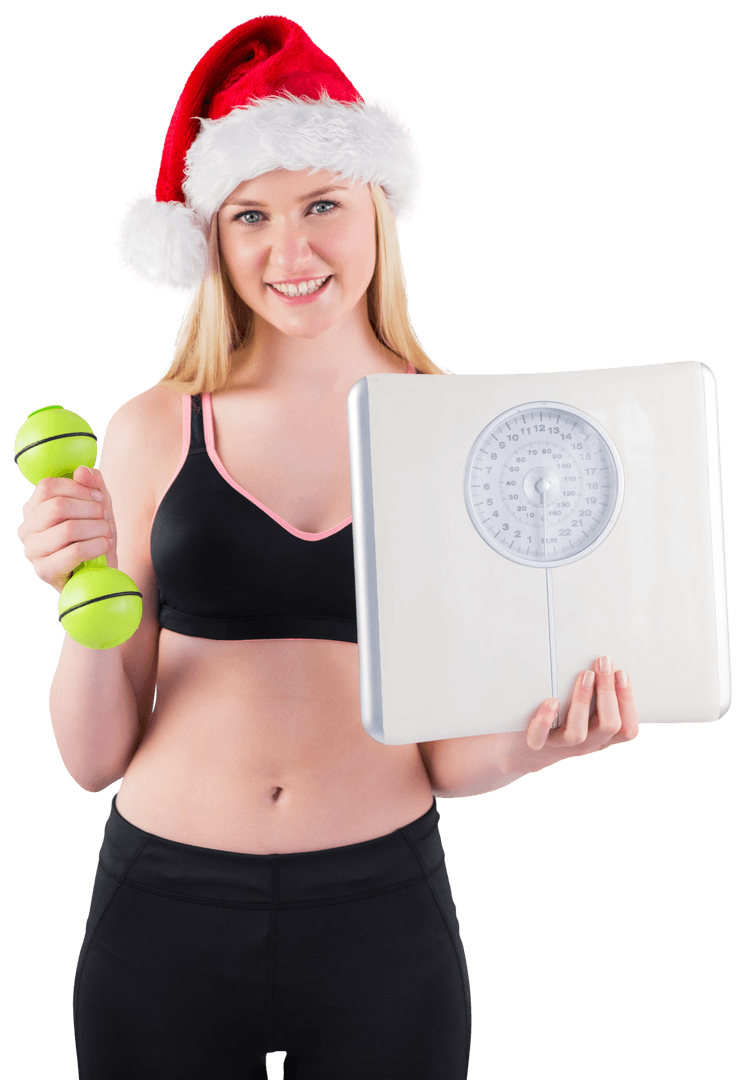 Festive Fitness: Blonde Model in Santa Hat with Scale and Dumbbell on Transparent Background