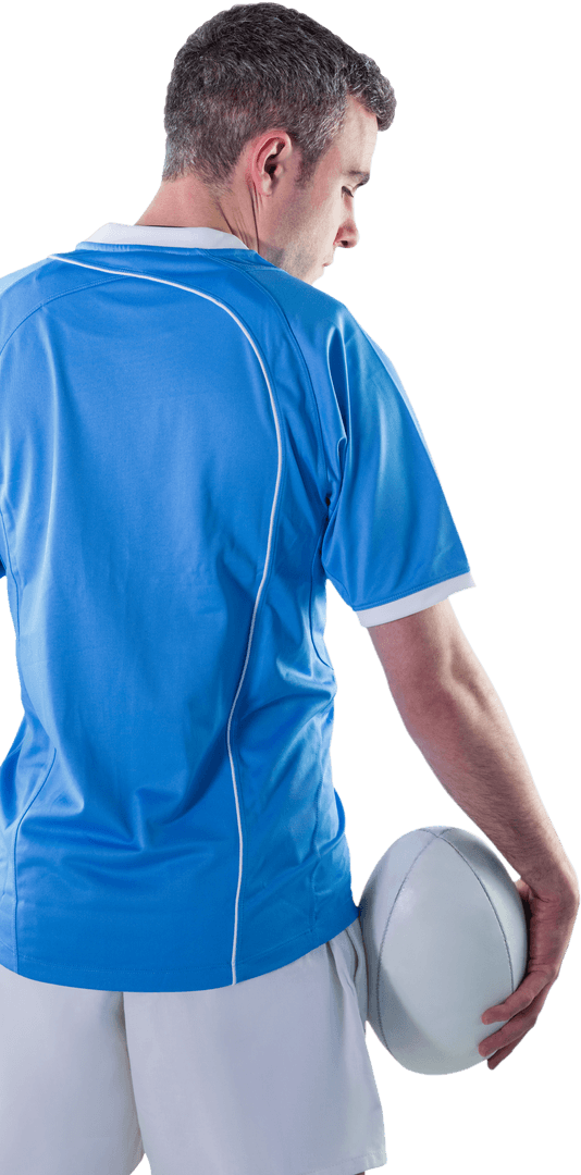 Back View Rugby Player Holding Ball on Transparent Background