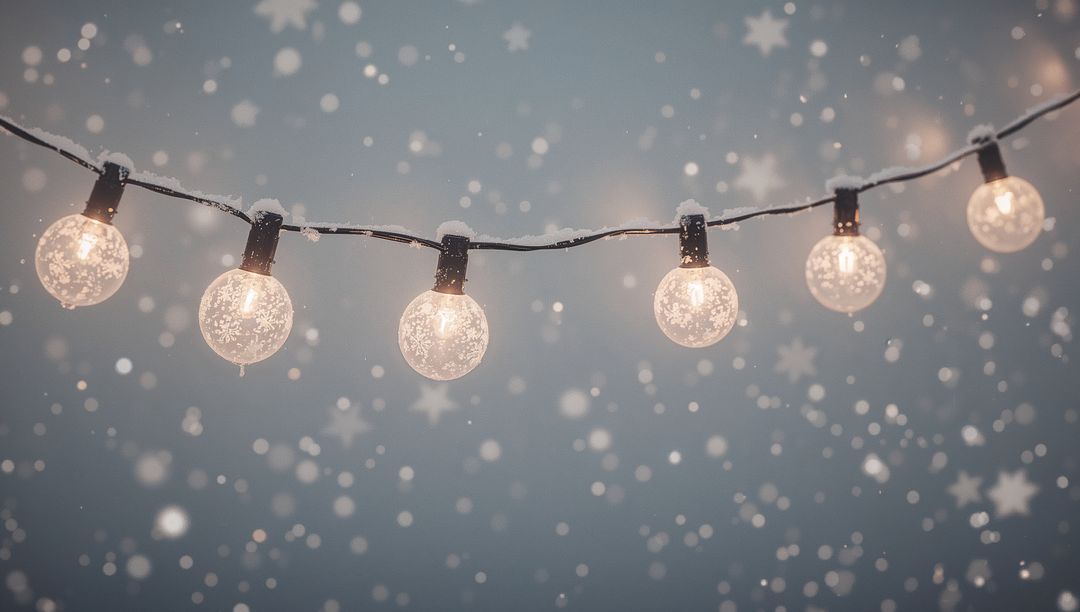 Glowing Snow-Dusted Globe String Lights Hanging Over Winter Evening Patio with Warm Filament Glow
