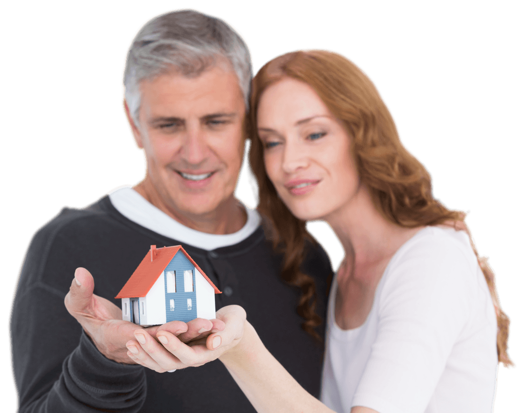 Happy Middle-Aged Couple Holding Small House Transparent Background