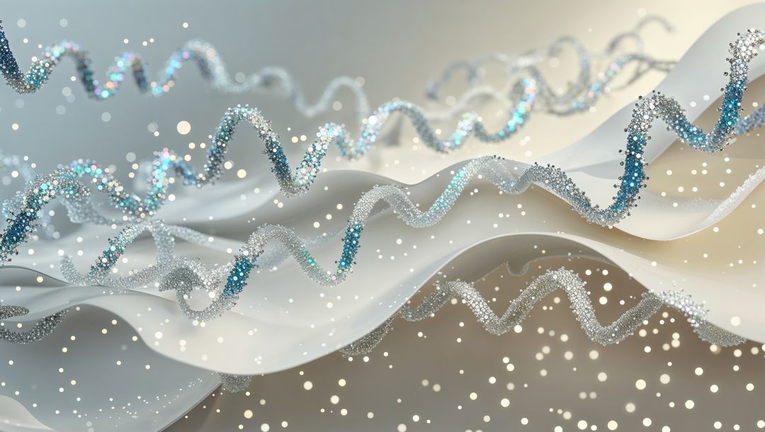 Futuristic Digital Art with Translucent Ribbons and Particle Spirals