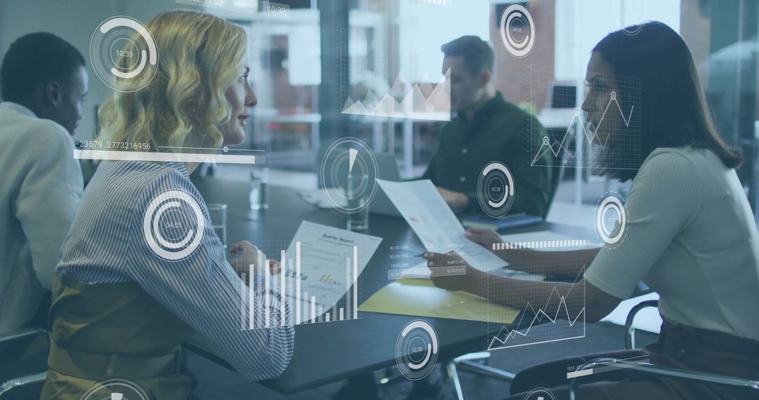 Diverse Business Team Collaborating with Data Visualization in Modern Workspace