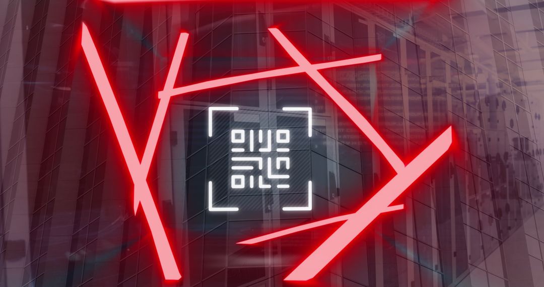 Digital QR Code Overlaying Futuristic Cityscape and Servers