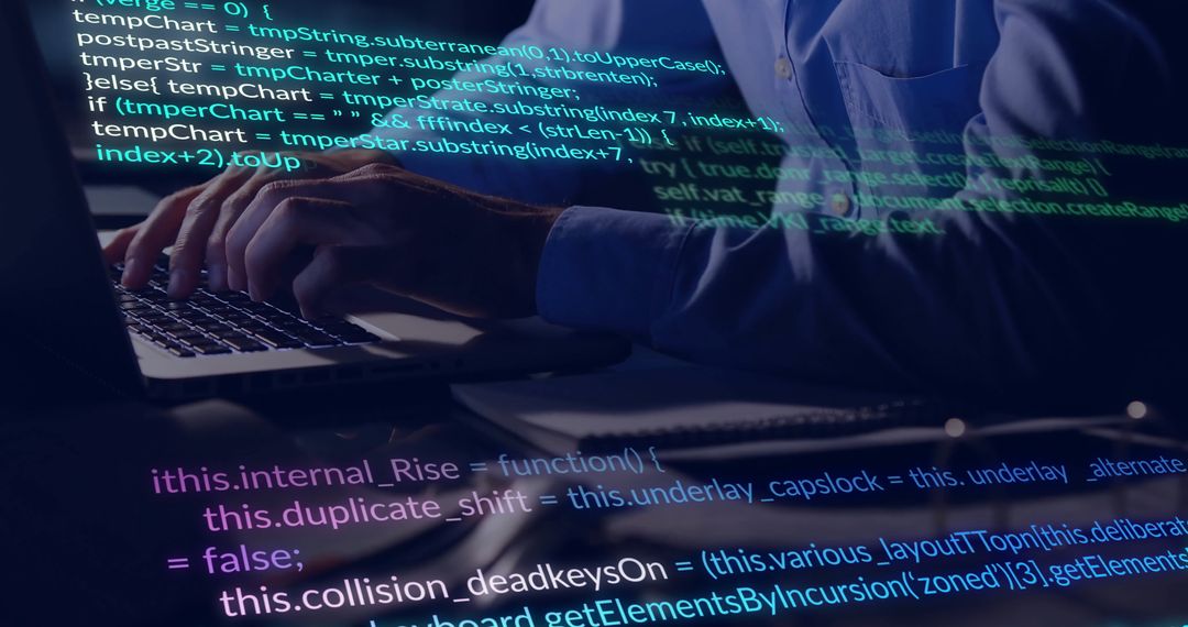 Tech Professional Analyzing Data on Laptop with Code Overlay
