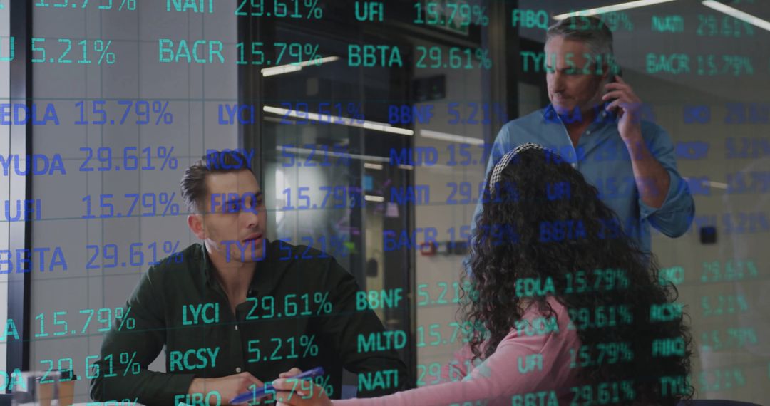 Team Discussing Financial Analysis with Digital Overlay of Stock Data