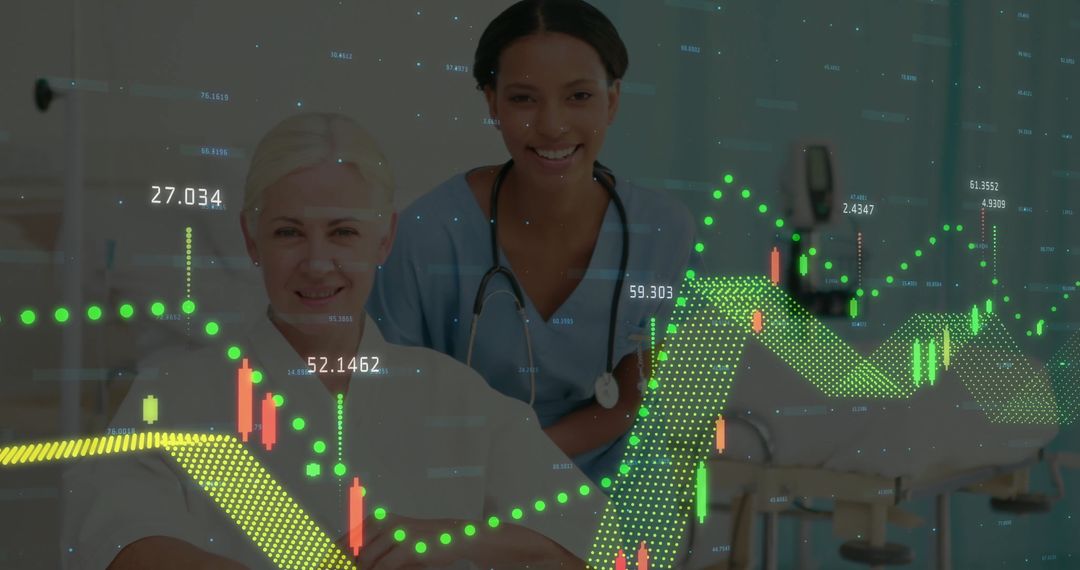 Healthcare Professionals with Virtual Financial and Data Screen