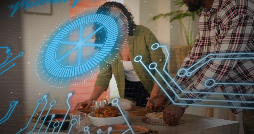 Couple arranging roast chicken with augmented reality HUD overlay for smart dining scene