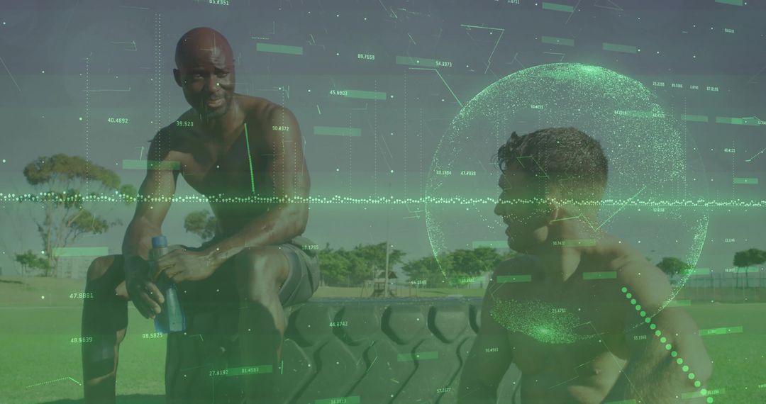 Athletes Resting on Sports Field with Data Overlay Graphics