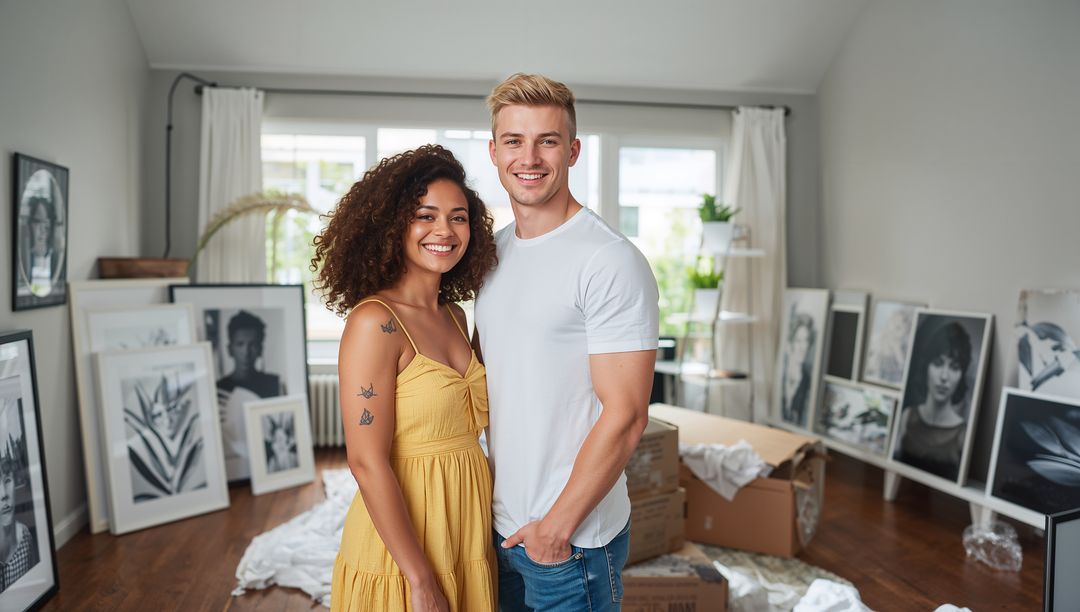 Smiling couple posing in sunlit apartment while unpacking framed art and decorating home