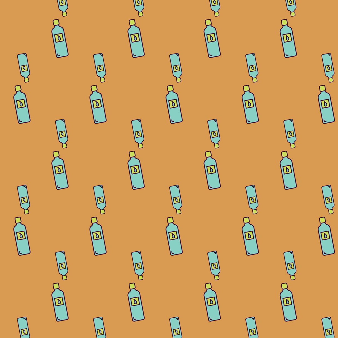 Pattern of Multiple Liquid Bottles on Orange and Transparent Background