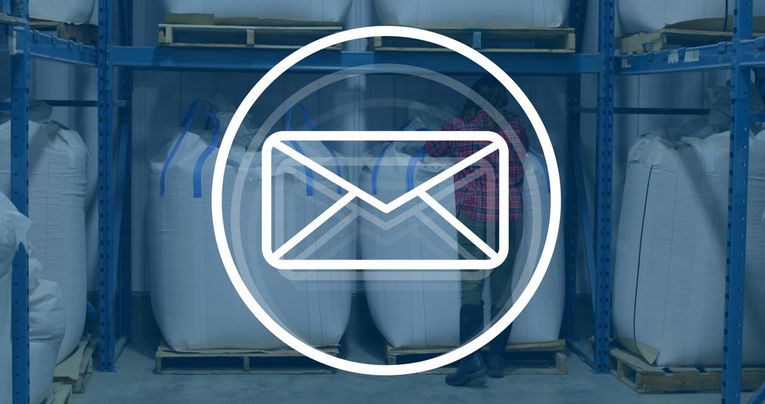 Mail Icon Overlaying Warehouse Logistics and Worker Background