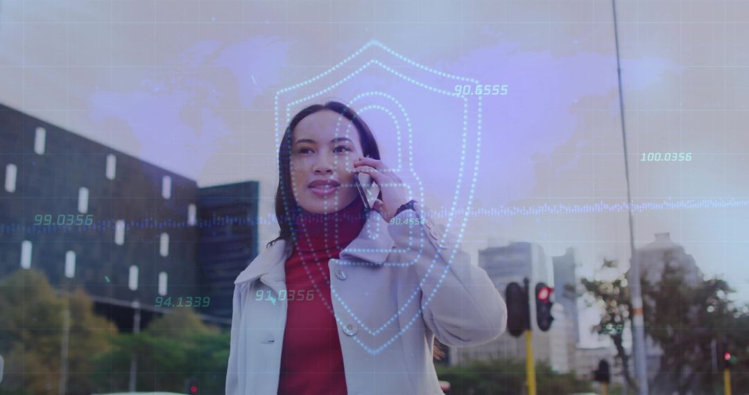 Confident Professional Communicating on Smartphone with Digital Security Overlay