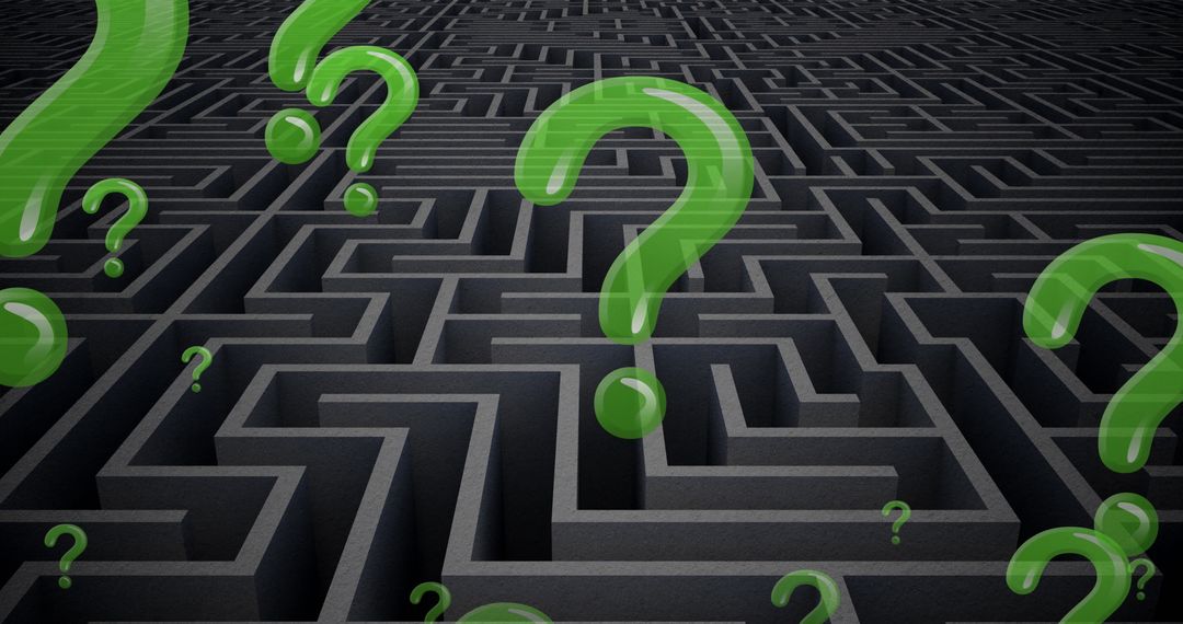 Green Question Marks Floating Over Complex Grey Maze