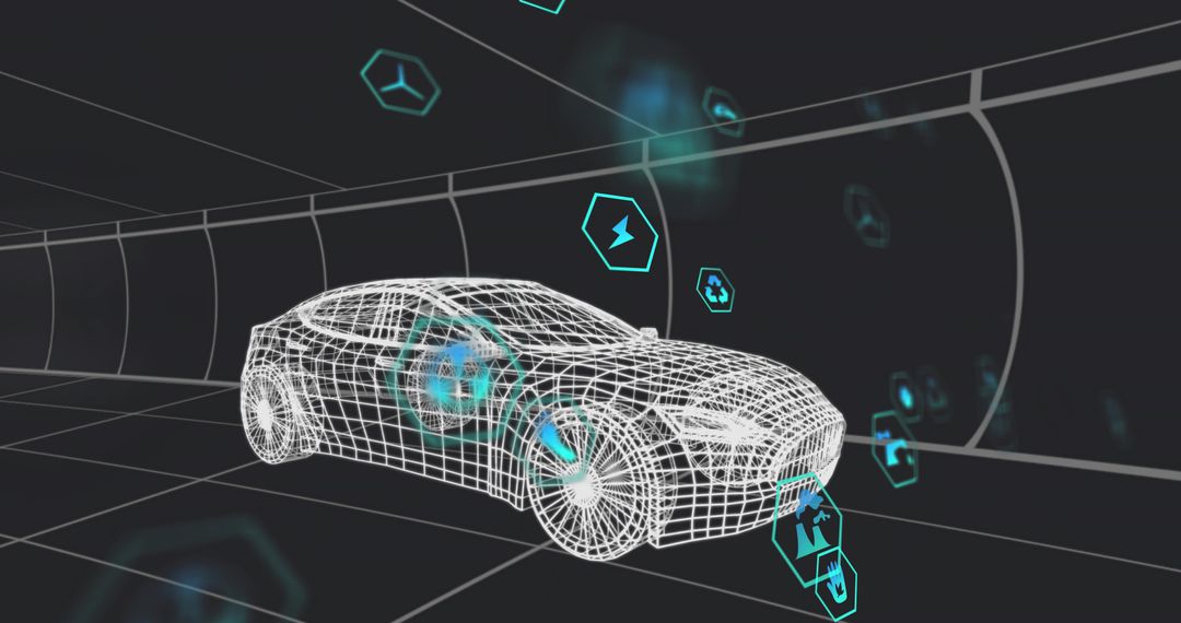 Futuristic 3D Wireframe Car in Technology Grid Tunnel
