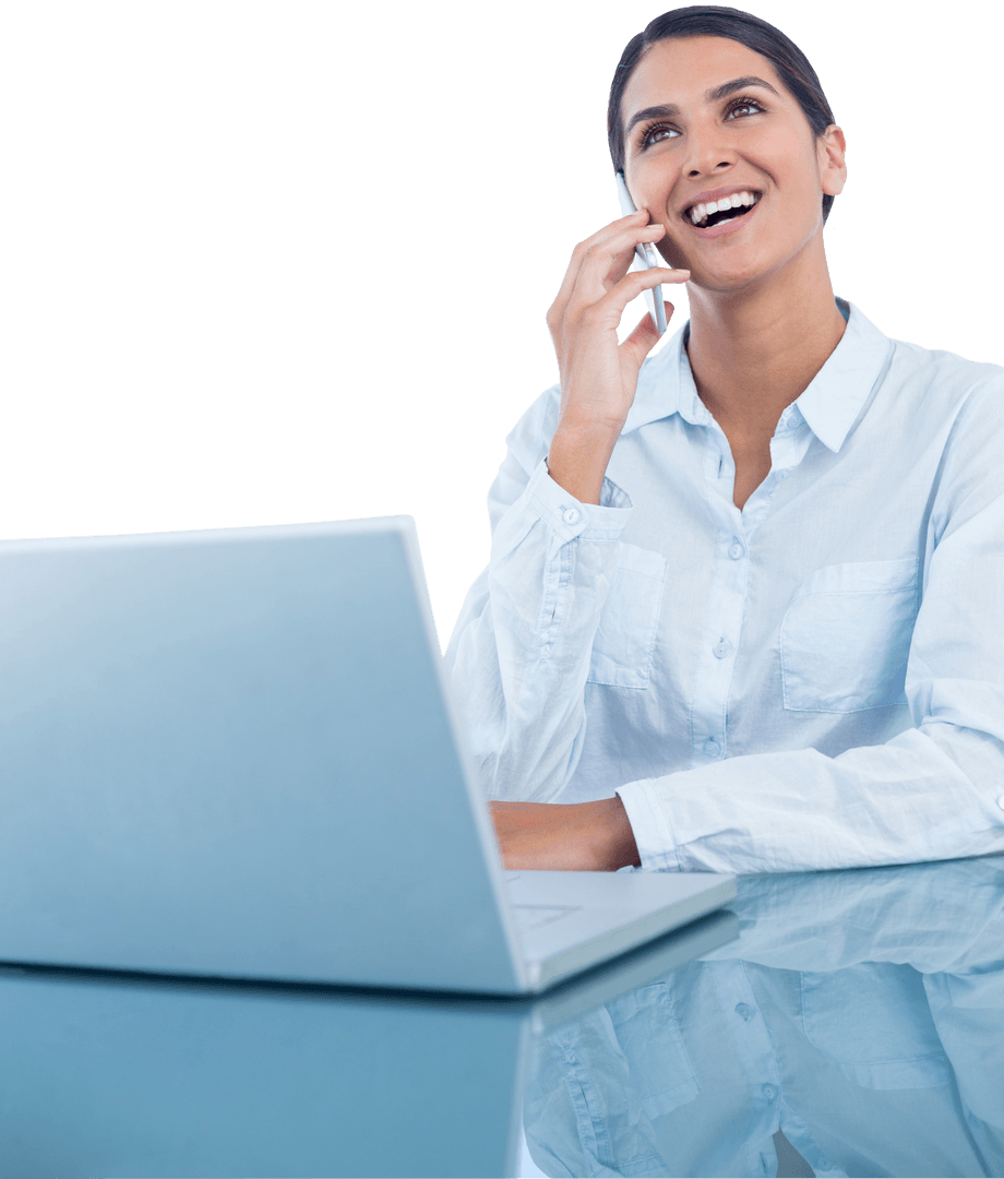 Transparent Background Smiling Businesswoman Using Laptop and Phone