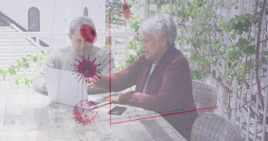 Seniors Reviewing Pandemic Data on Terrace with Digital Overlay