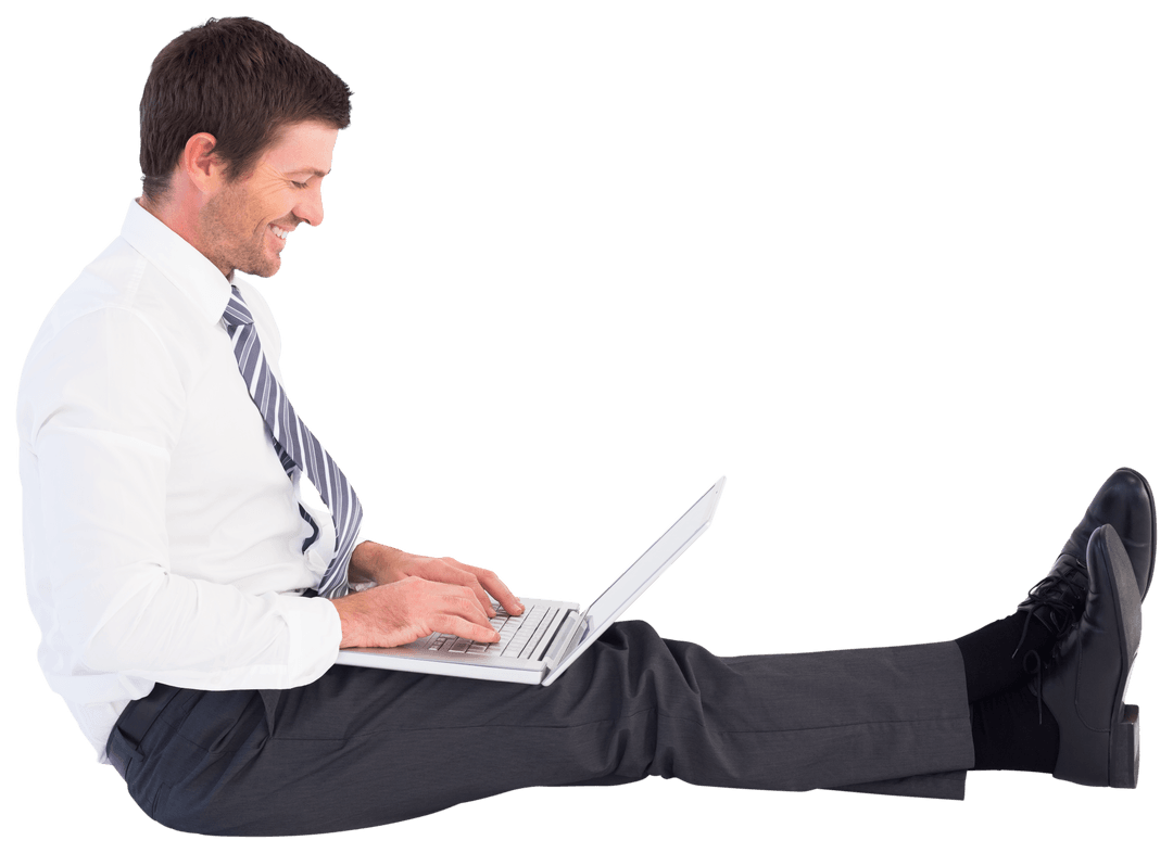 Transparent Businessman Happily Typing on Laptop