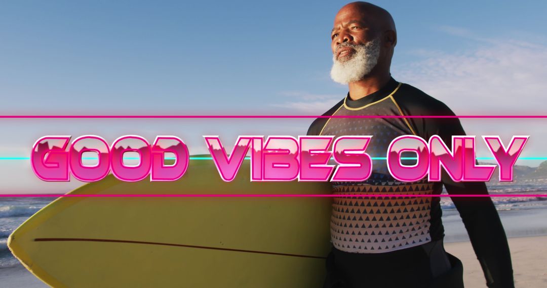African American Surfer with Good Vibes Only Text Overlay
