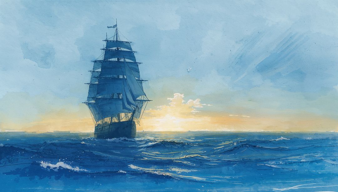 Majestic Sailing Ship at Sunset on Ocean Voyage