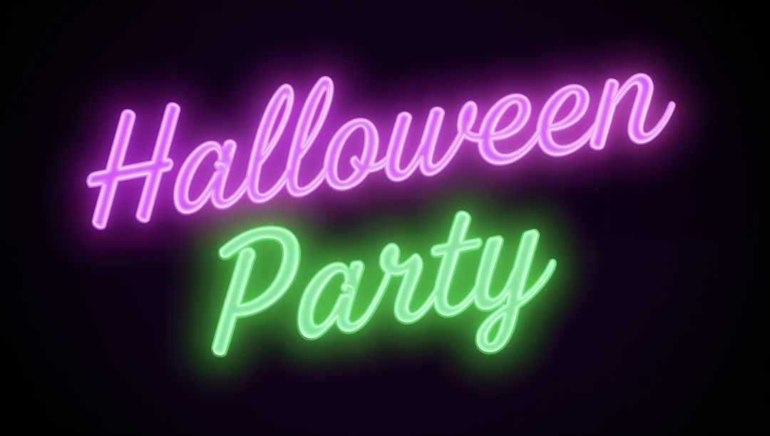 Neon Halloween Party Sign with Vibrant Colors on Dark Background