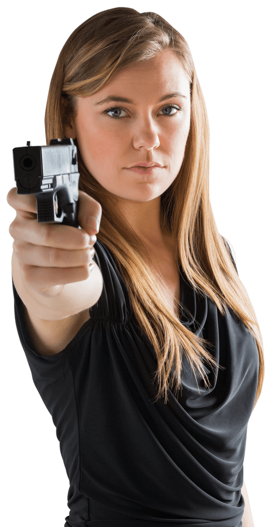 Confident Woman Pointing Gun in Intense Expression Transparent Background