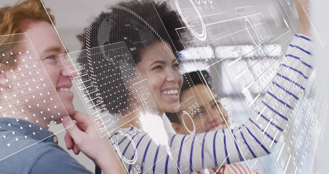 Team collaborating on interactive holographic interface using glass touchscreen