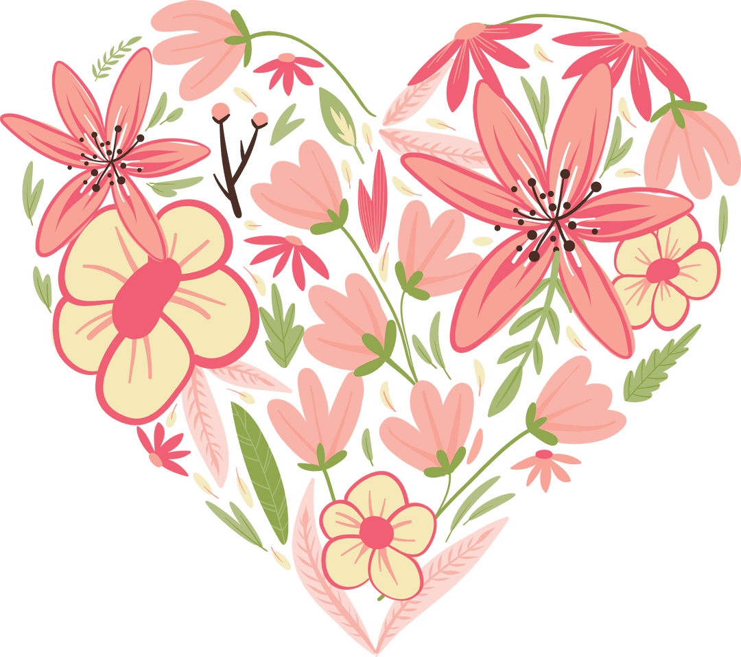 Floral Heart Pattern with Pink Blossoms on Transparent Background