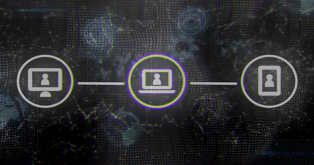 Connecting Desktop Laptop Mobile through Glowing Neon Network with Futuristic Grid