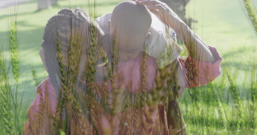 Father Carrying Son Through Wheat Field Embracing Nature