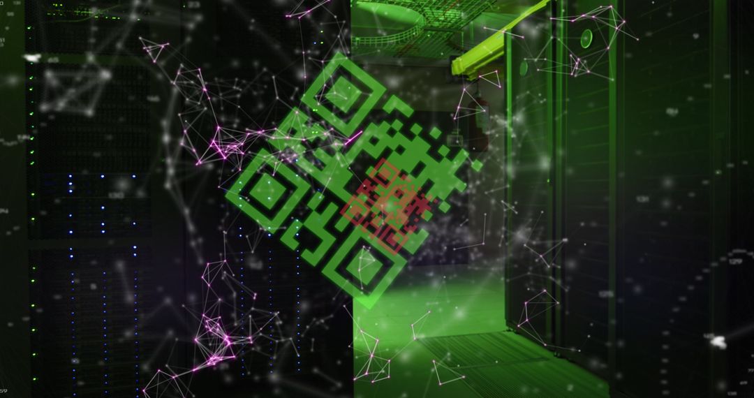 QR Code and Digital Network in Futuristic Server Room