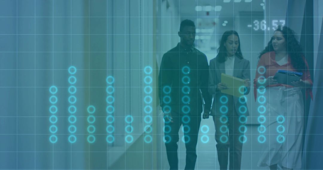 Colleagues Analyzing Data Walking Office Hallway with Digital Overlay