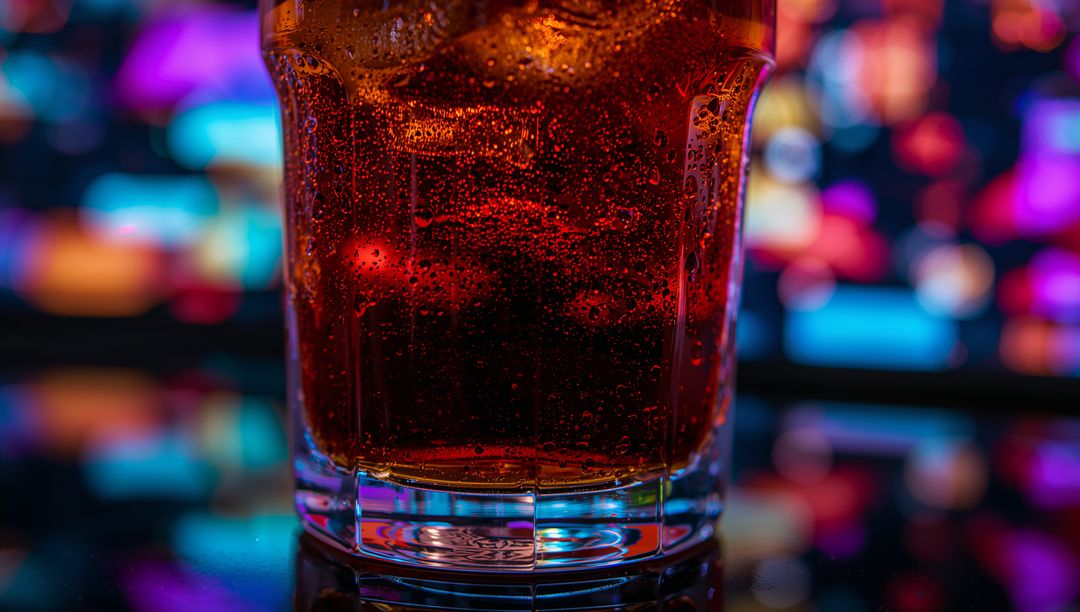 Glowing Neon Tumbler with Bubbling Cola and Condensation on Glossy Bar Surface