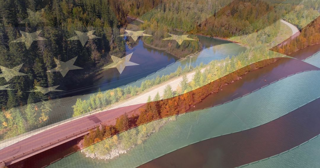 American Flag Overlay on Scenic River and Forest Landscape