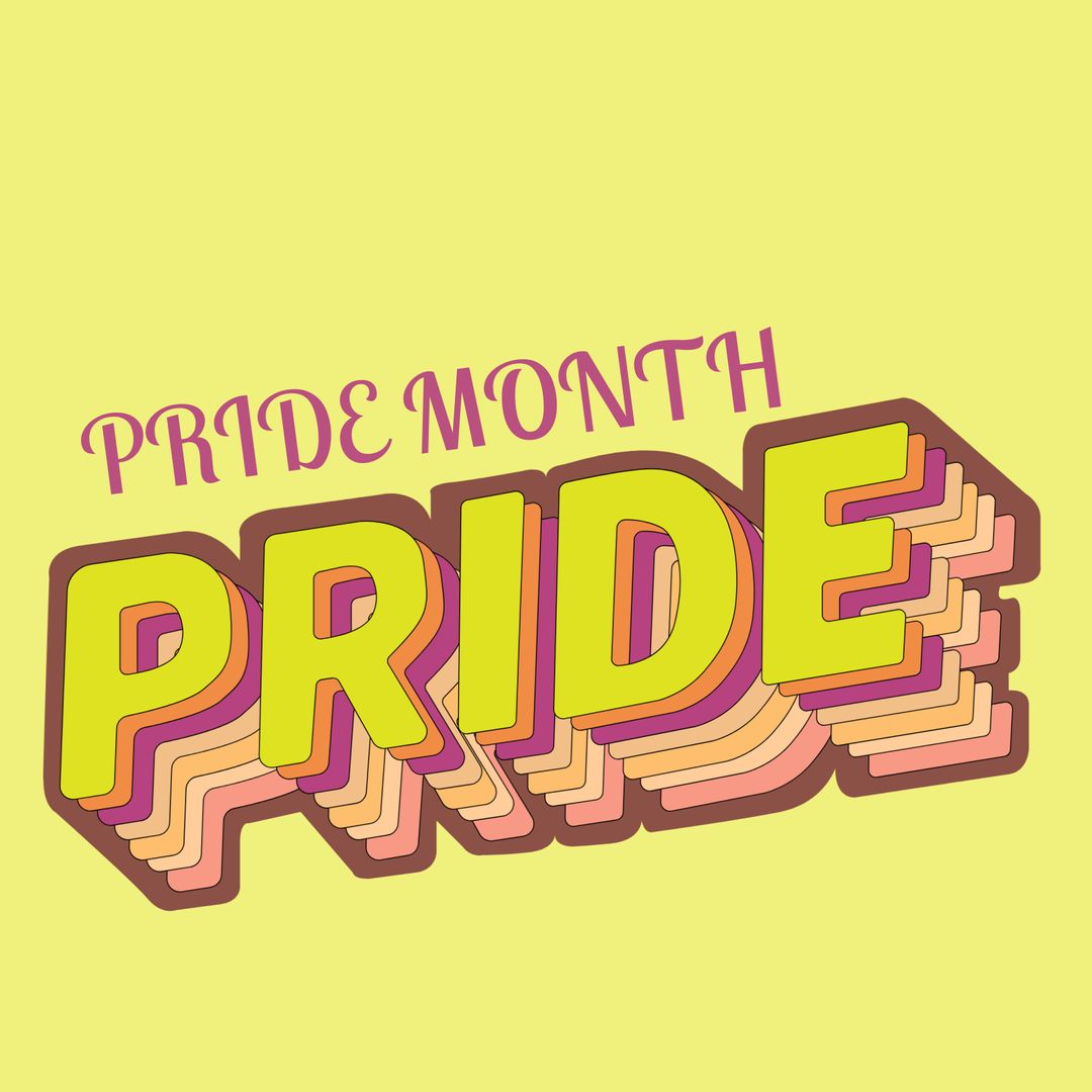 Colorful Pride Month Text on Vibrant Yellow Background