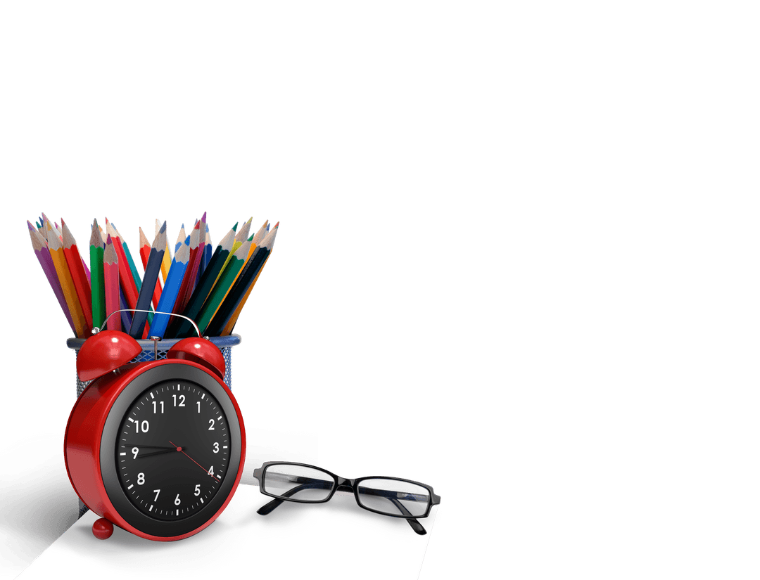 Transparent Alarm Clock, Colored Pencils and Glasses Composition