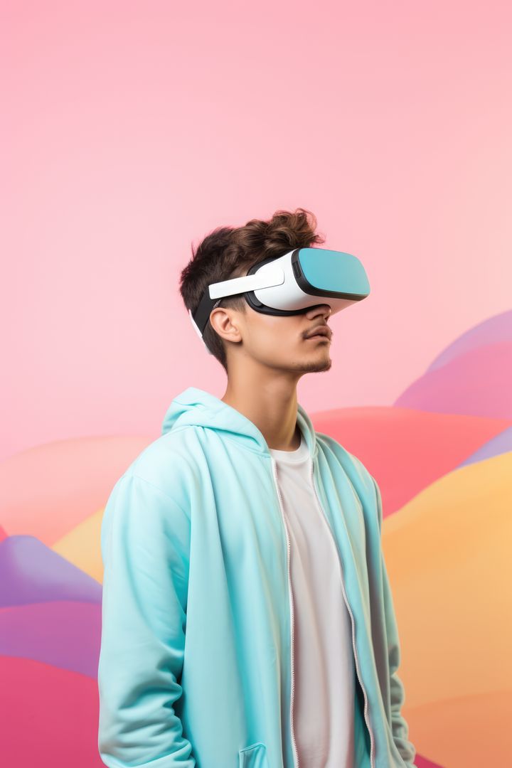 Caucasian man wearing vr and ar headset on pink background, created using generative ai technology - Free Images, Stock Photos and Pictures on Pikwizard.com