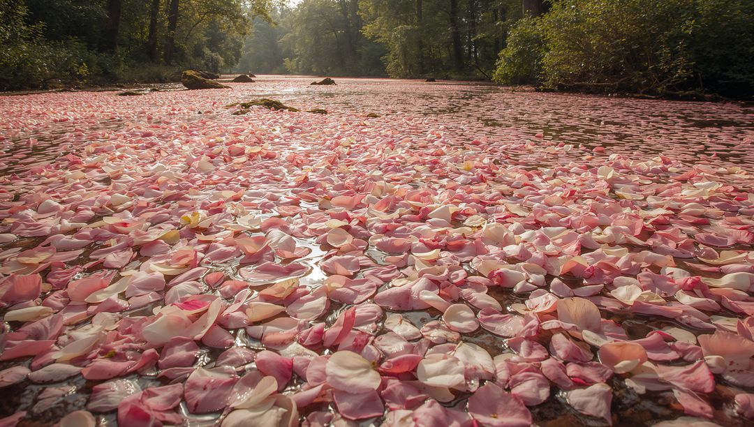 Floating Pink Petal Carpet on Forest Stream Reflecting Sunlight