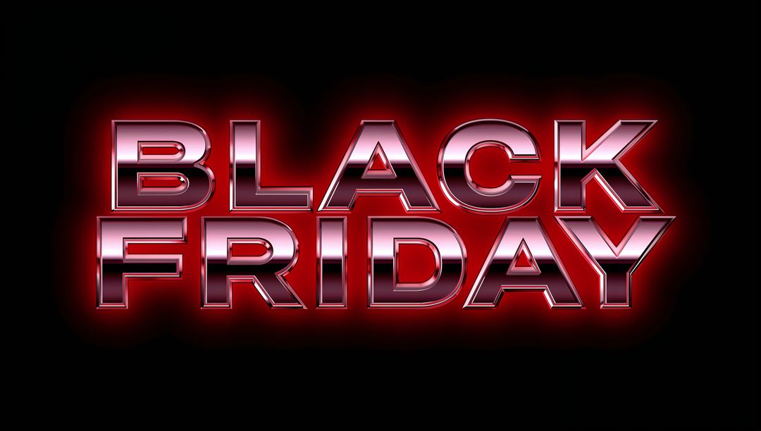 Black Friday Neon Chrome Text with Red Halo Glow and Beveled Metallic Typography