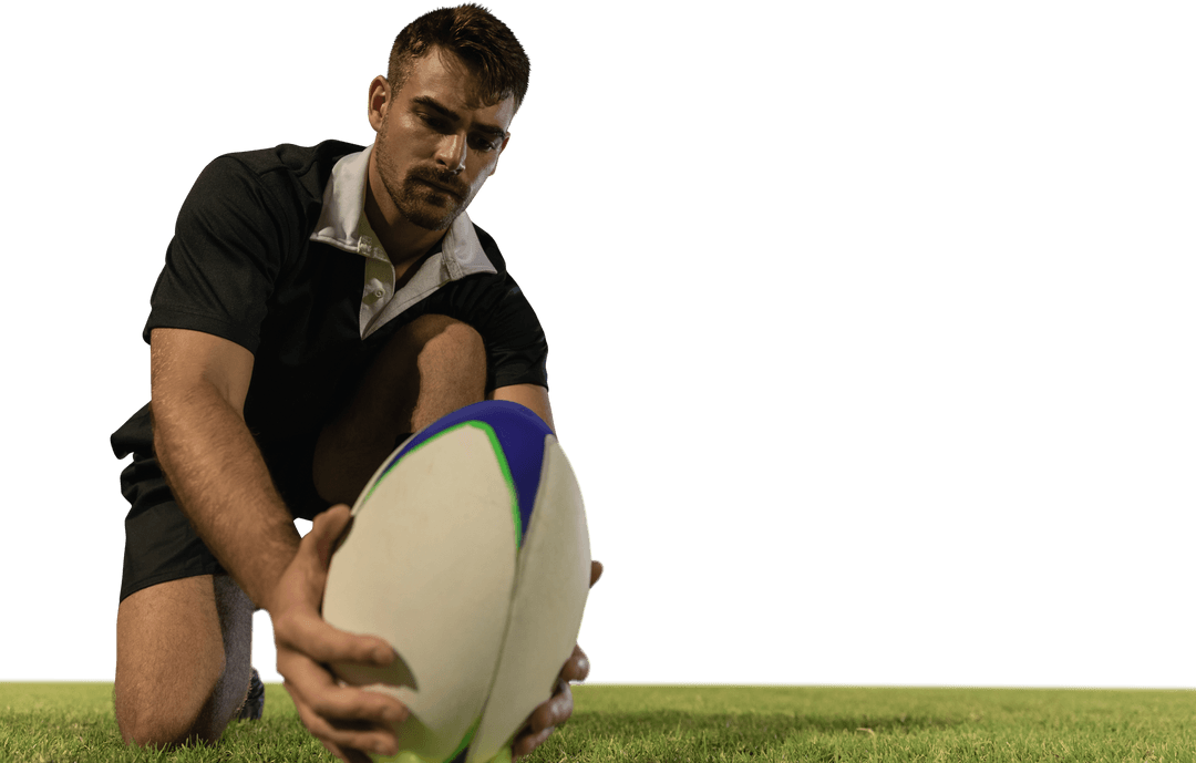 Male Rugby Player Positioning Ball on Field with Transparent Background