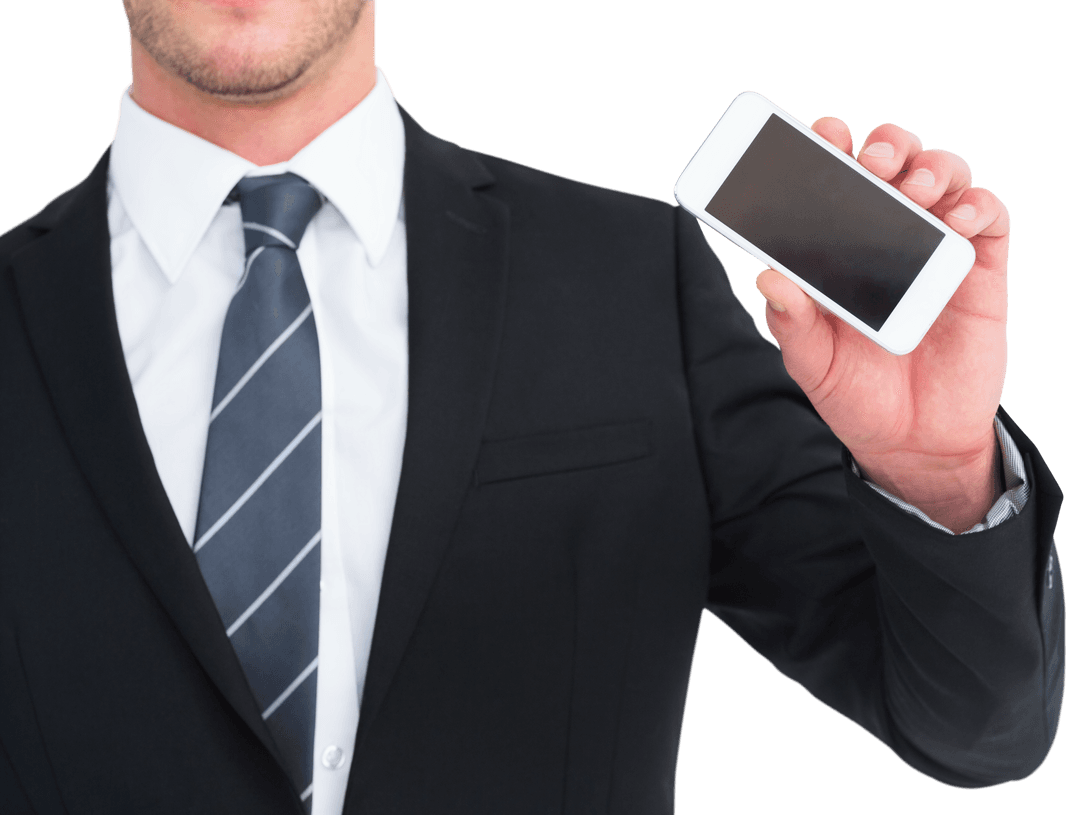Businessman in Suit Showing Transparent Smartphone Screen