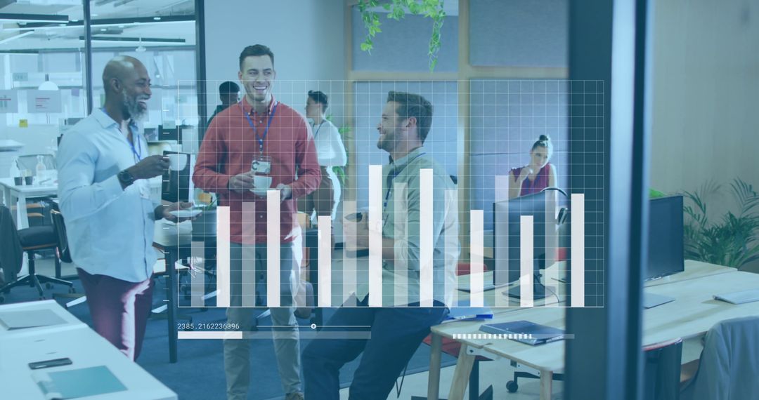 Diverse Coworkers Discussing Business Progress with Digital Data Overlay