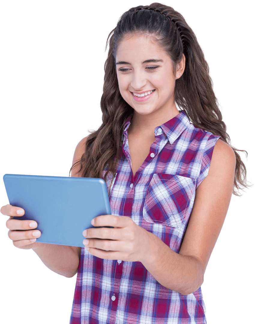Happy Young Woman Using Tablet with Fun Expression Transparent