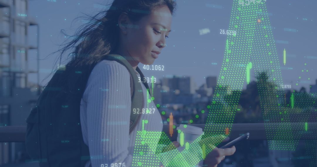 Digital Visualization of Data Analytics with Diverse Woman Using Smartphone