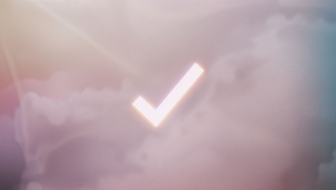 Glowing White Check Mark with Pastel Cloud Background