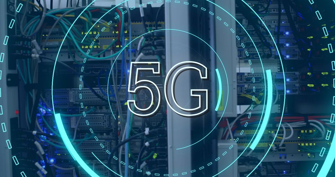5G Technology Concept with Futuristic Interface Over Server Room Background