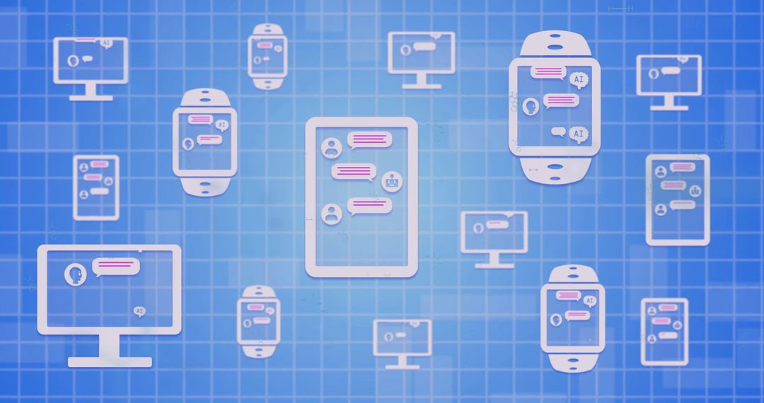 Digital Interface Screens and AI Chat Icons on Blue Background